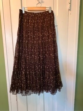Vintage Brown Floral Tiered sheer Maxi Skirt